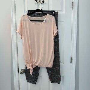 Adore Me Pink Tie Knot Shirt w/ Gray Floral Print Sweat Pants Pajama Set Size XL